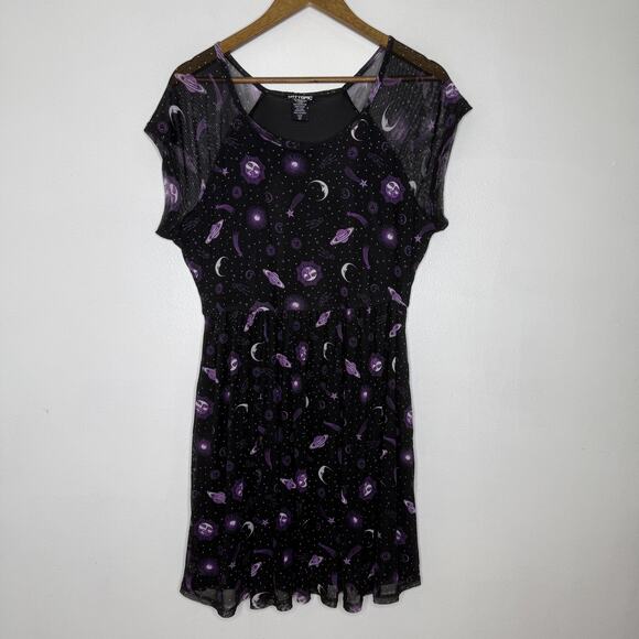 Hot Topic Dress Goth Medium Black Purple Mesh Celestial Space Sun Moon Stars - Picture 1 of 7